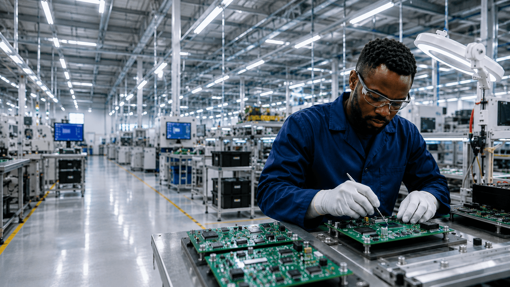 Technician assembling electronics in a modern manufacturing facility